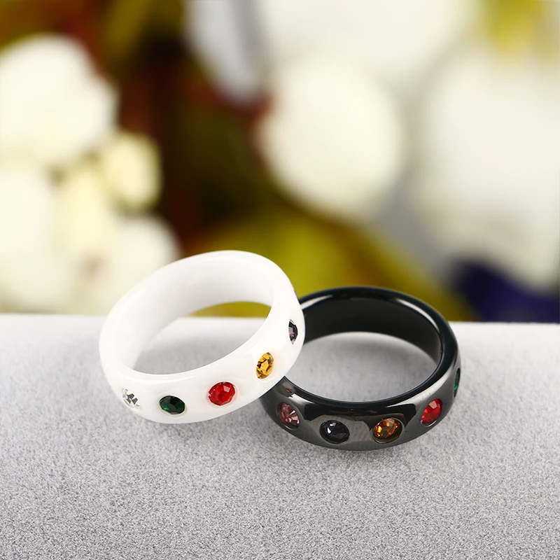 7 Chakra Colorful Rings For Women Bling Colorful Crystal Black White Ceramic Rings Conspicuous Personality Jewelry Party Gift