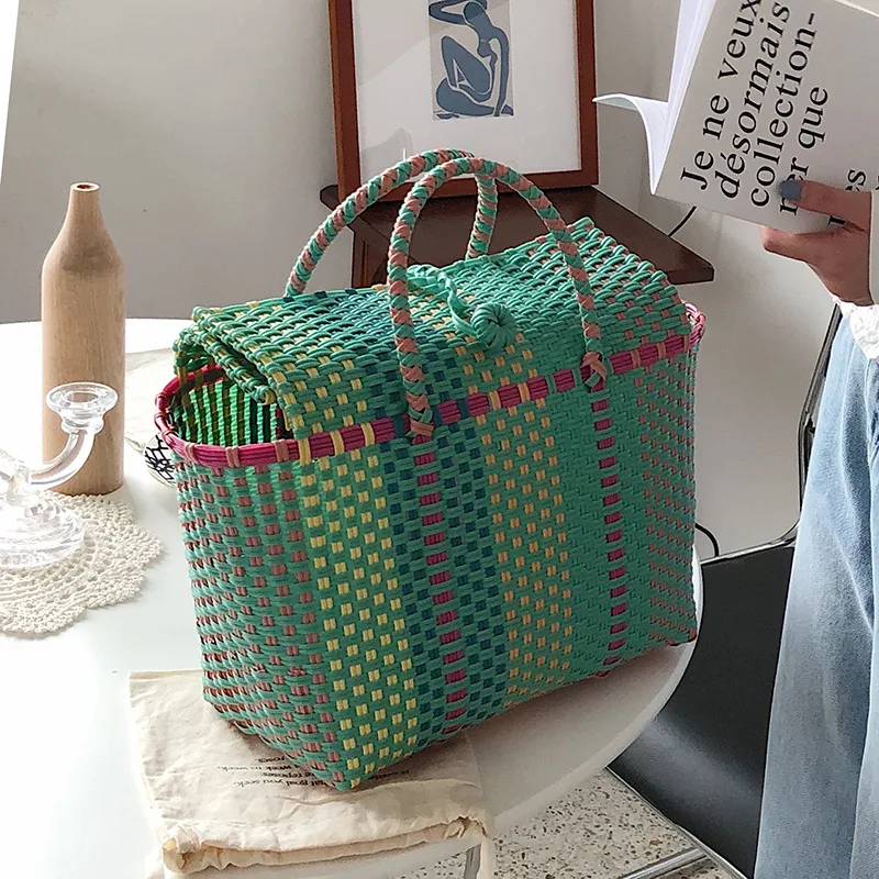 

NEW Capacity Heavy Duty Handmade Woven PP Plastic Handbag Summer Beach Basket Bag green Plaid Checks Teacher Tote Shopping bag