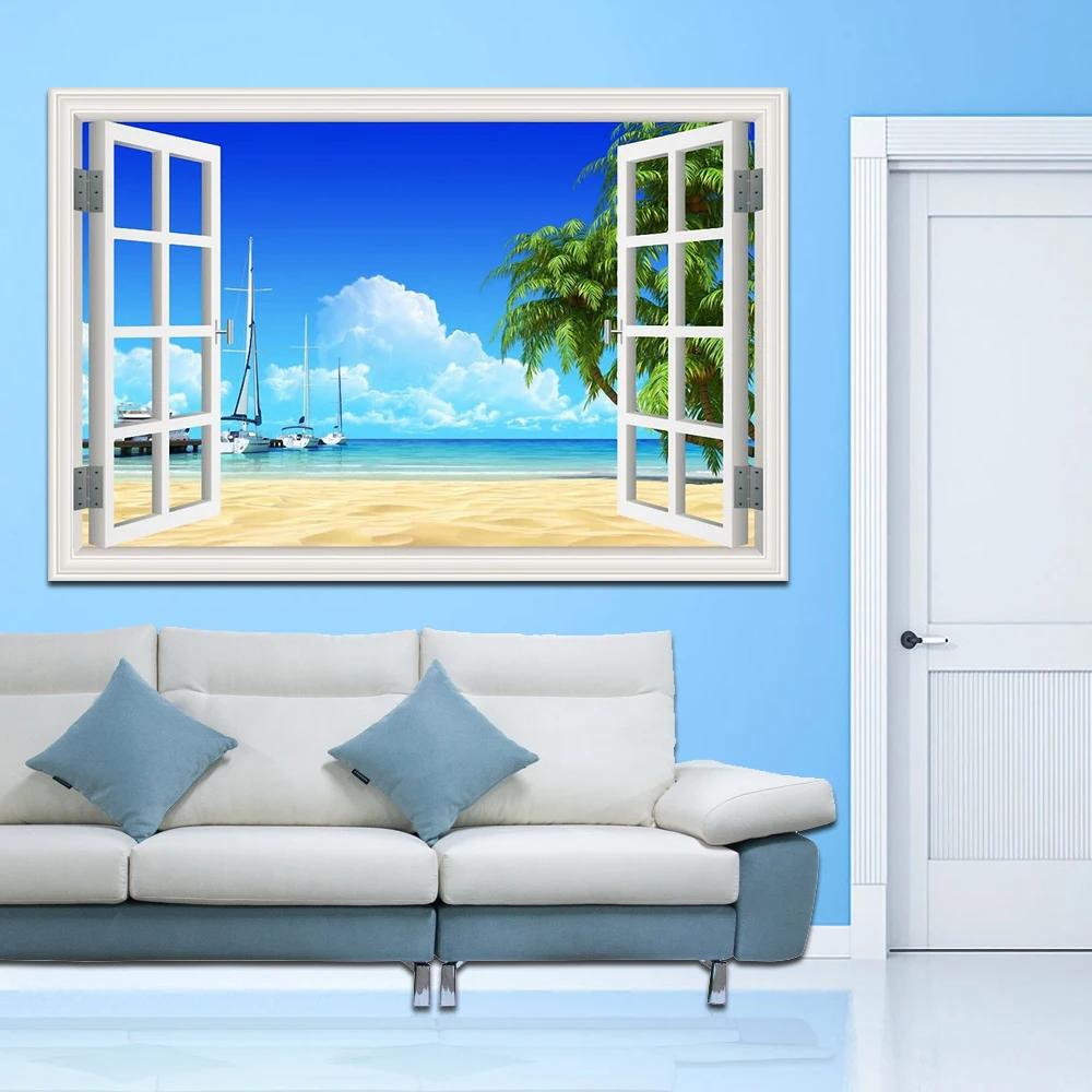 Sailing Boat Sea Landscape Removable 3D Wall Sticker Vinyl Decal Beach Sailboat Wallpaper Peel and Stick for Bedroom Kitchen view 3