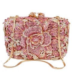 KHNMEET Pink Flower Party Clutch Evening Bags rhinestone Pink Luxury Wedding Crystal Bags Shoulder Bags SC780