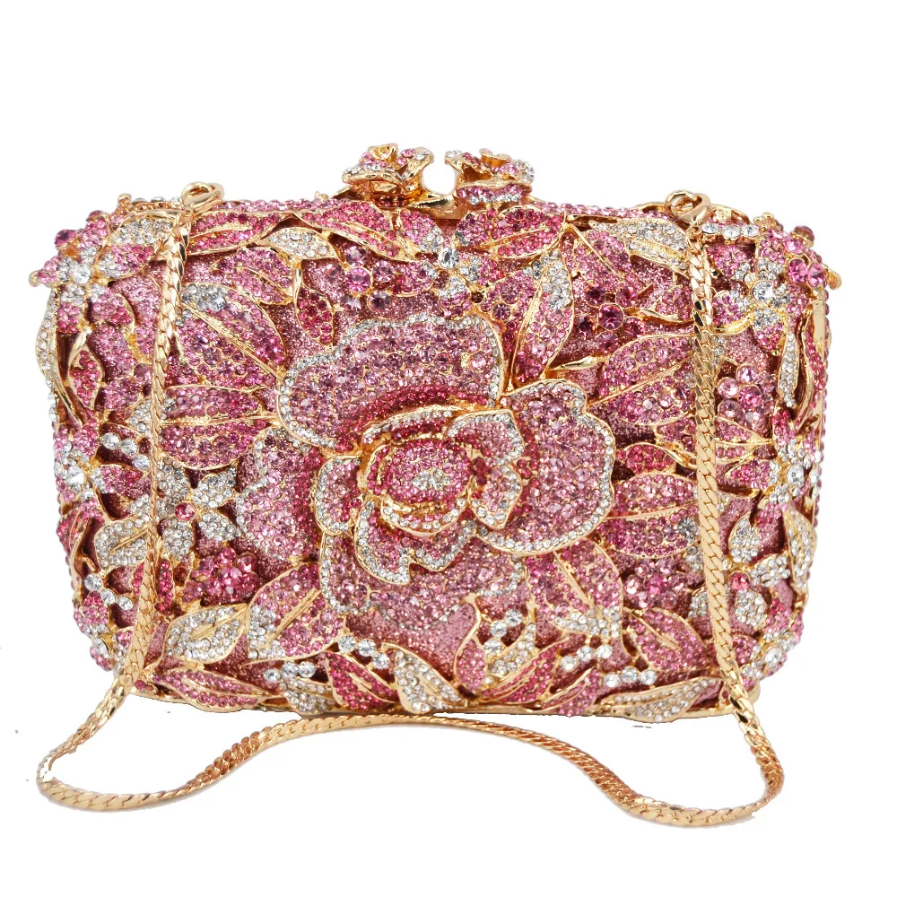 KHNMEET Pink Flower Party Clutch Evening Bags rhinestone Pink Luxury Wedding Crystal Bags Shoulder Bags SC780