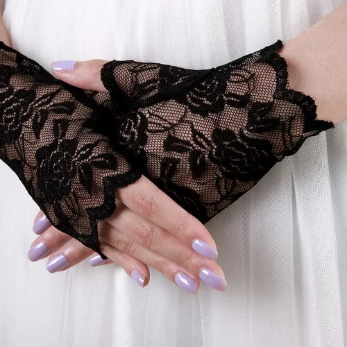 Short lace fingerless gloves fresh flower adornment lace gloves bride  etiquette gloves short rose