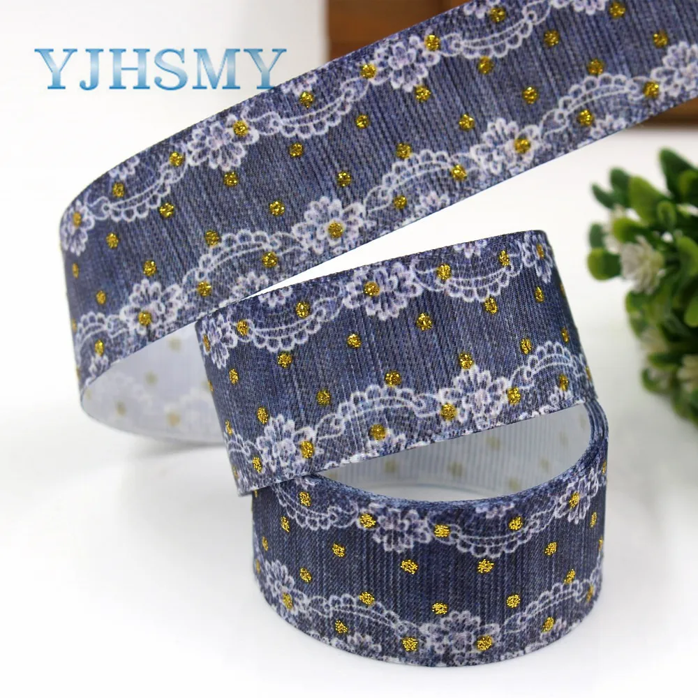 YJHSMY G-181017-1417,25mm 5 Yards golden glitter printed Thermal transfer Printed grosgrain Ribbons,DIY Handmade materials