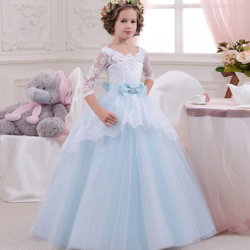 3/4 Long Sleeves Lace Lovely Girls Pageant Gown Child Birthday Party Evening Dress Jewel Bow Light Sky Blue Kid Long Formal Gown