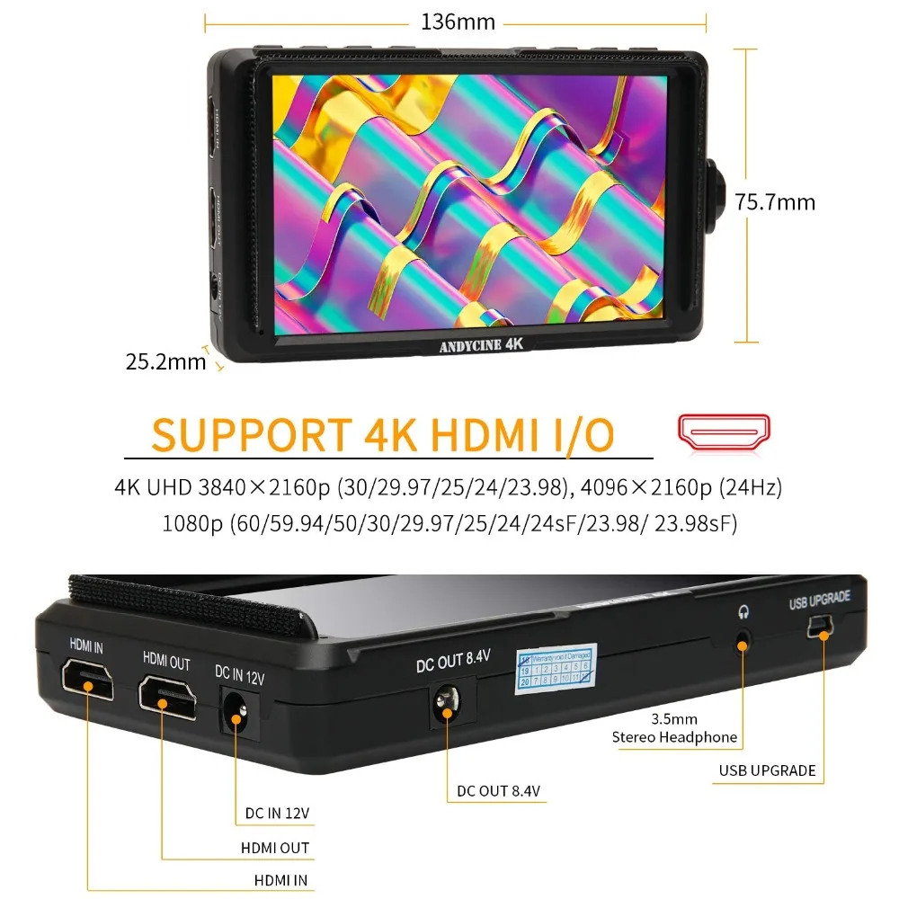 ANDYCINE A6 Lite 5inch DSLR HDMI Camera Field Monitor 1920x1080 Video Peaking Focus assits Input Output DC output with Tilt Arm