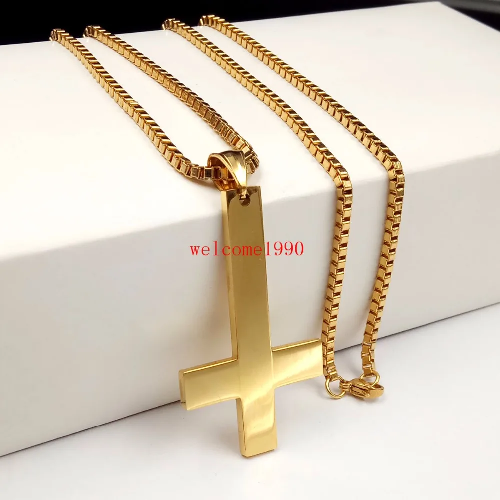 24inch Gold St Peter's Inverted Cross Pendant Necklace for Men Stainless Steel Choker Crux de Sanctus Petrus Box chain