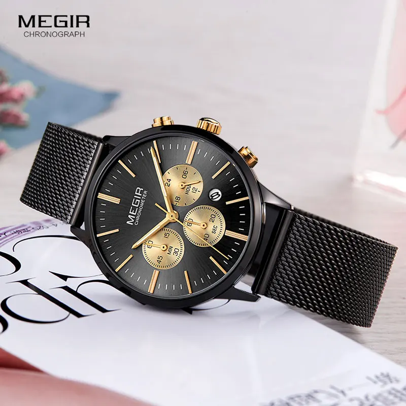 MEGIR Women\'s Chronograph Steel Quartz Watches Fashion Waterproof Luminous 24-hour Analogue Wristwatch for Woman Lady 2011L-1N3