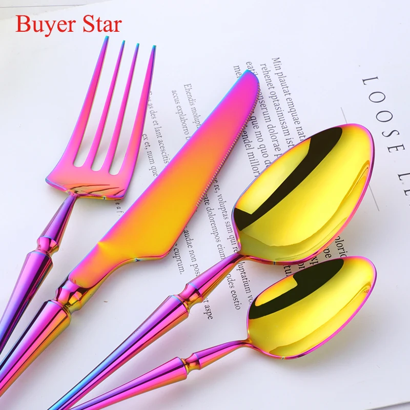 New 4-Piece Rainbow Cutlery Set Stainless Steel Flatware Set Dinner Fork Knife Scoop Teaspoon Western Food Tableware Set Gift