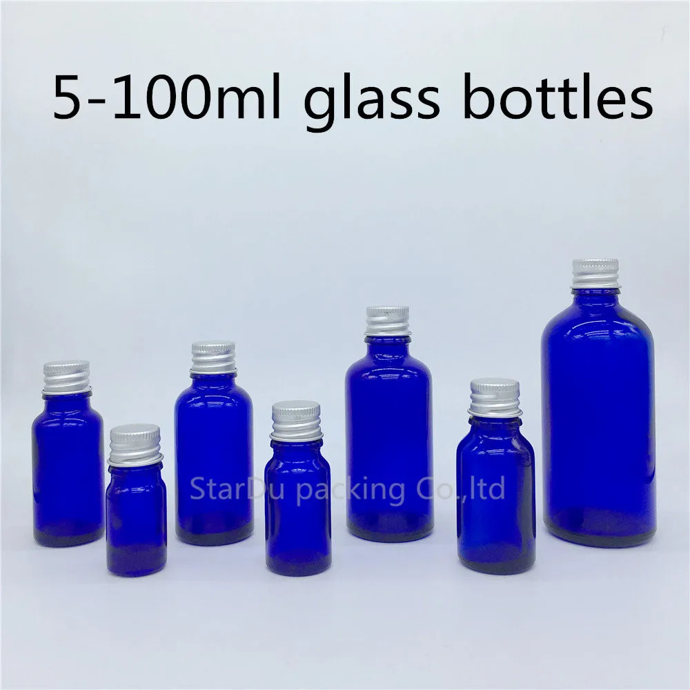 

5ml 10ml 15ml 20ml 30ML 50ml 100ml Blue Glass Bottle, Blue Essential Oil Bottle With Aluminum Cover Perfume Bottles 480pcs/lot