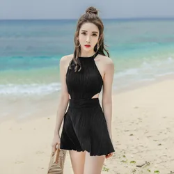 Skirt Swimsuit Women Swimdress Female Black White High Neck One Piece Swim Bathing Suit Cut Swimwear M-2XL Maillot De Bain