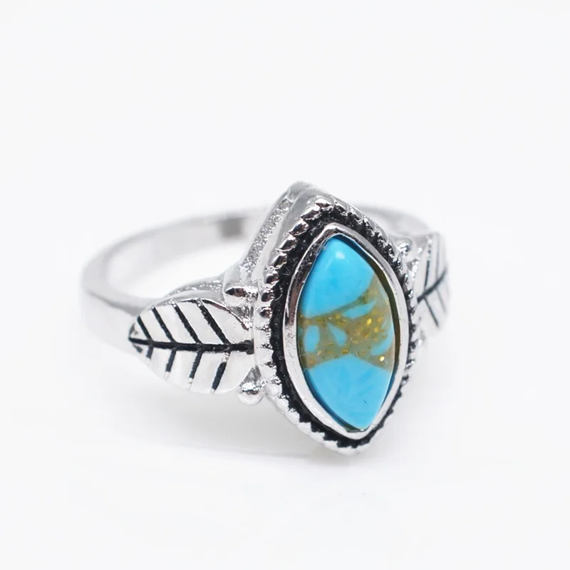 OMHXZJ Wholesale European Fashion Woman Man Party Wedding Gift Black Leaves Green Turquoise 925 Sterling Silver Ring RR189