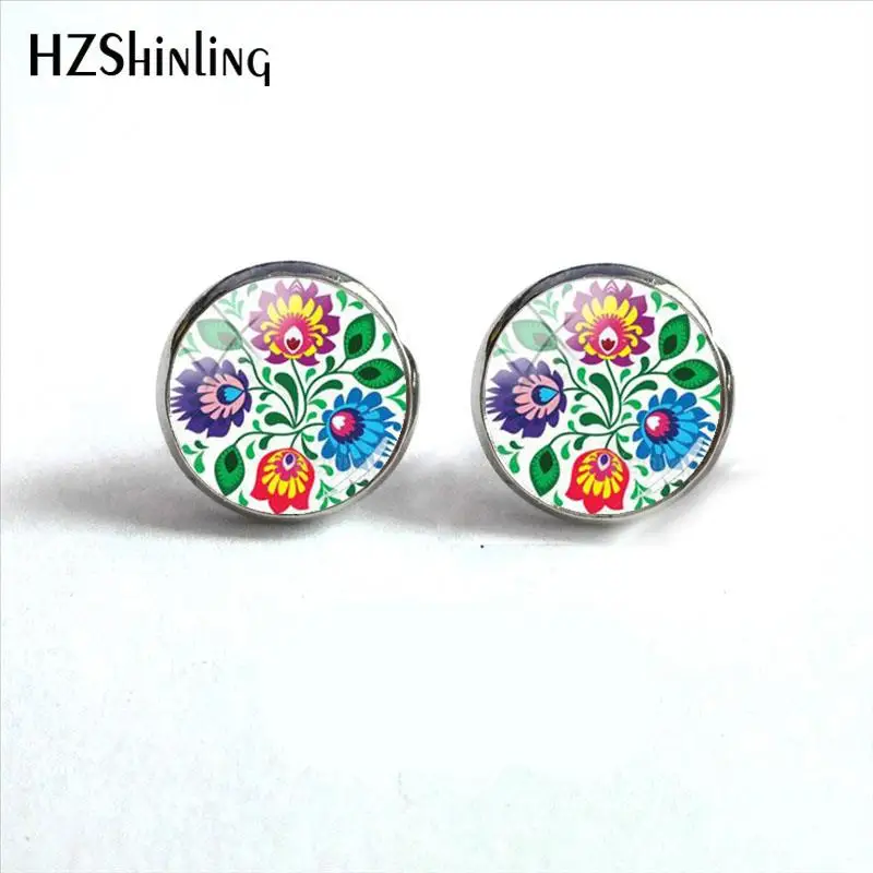 2018 New Polish Folk Art Patterns Earring Flowers Ear Stud Glass Cabochon Photo Earrings Hand Craft Jewelry HZ4