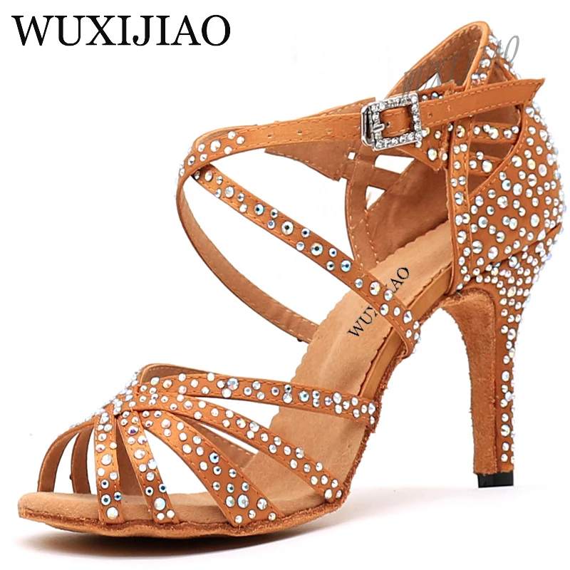 WUXIJIAO Frauen Party Tanz Schuhe Satin Glänzende strass Weichen Boden Latin Dance Schuhe Frau Salsa Tanz Schuhe Heel5CM-10CM