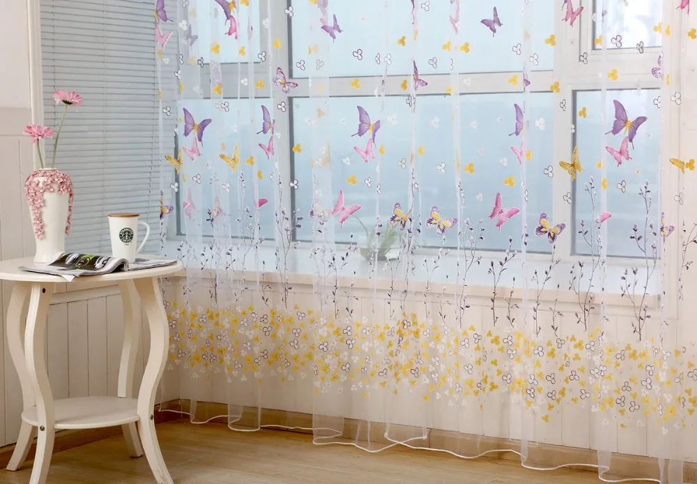 Butterflies Tulle Curtain Butterflies Branches Printed Curtains for windows living room Tulle woven floral cortinas hot sale