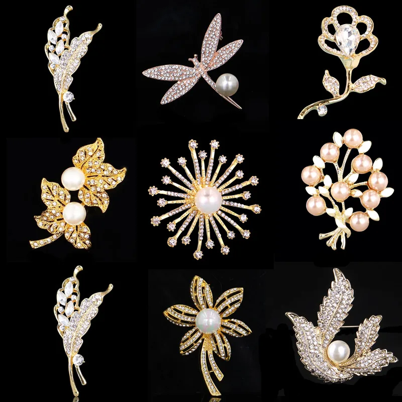 DIEZI-دبابيس على شكل زهرة اليعسوب للنساء ، دبابيس فاخرة من الكريستال الذهبي ، نمط أوراق اليعسوب ، للزفاف والحفلات ، بروش لباقة الزفاف ، أحجار الراين #1