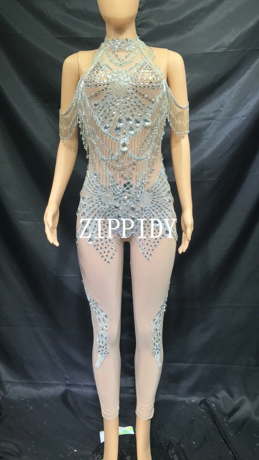 Sexy  Big Crystal  Stretch Bodysuit  Women Singer Dancer Glass Stones  Jumpsuit Costume Outfit Party Nightclub Wear