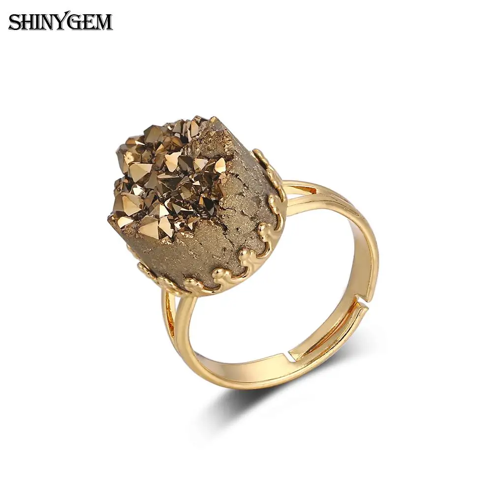 

ShinyGem Genuine 18K Gold Plating Crown Ring Big Round Natural Druzy Stone Woman Adjustable True Gold-Plated Crystal-Tooth Ring