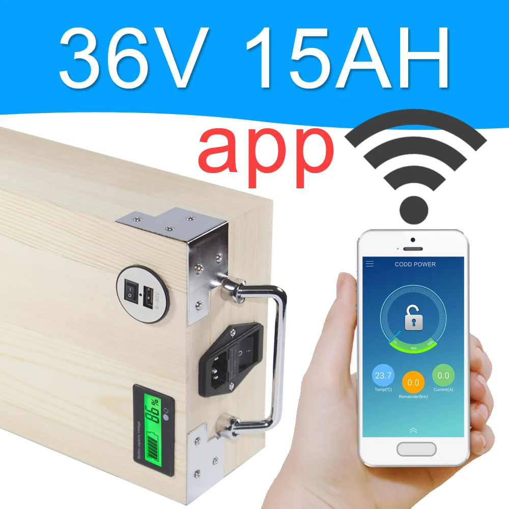 

APP 36V 15AH Electric bike LiFePO4 Battery Pack Phone control Electric bicycle Scooter ebike Power 500W Wood