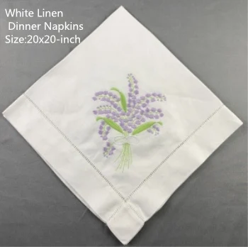 

Set of 12 Fshion Handkerchiefs White linen Hemstitched Table Napkin 20x20-inch Ladder Embroidery Flower Dinner Napkins