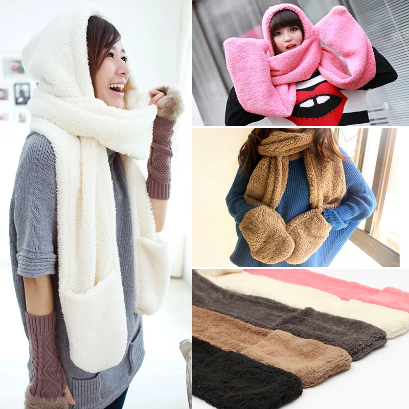 Winter Warm Vrouwen Hoodie Handschoenen Pocket Oorklep Hoed Lange Sjaal Snood Wraps Vrouwen Winter Handschoenen Muts Sjaal