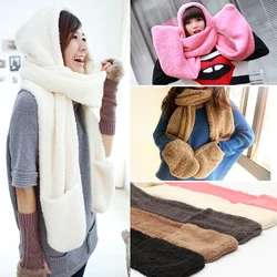 ฤดูหนาวผู้หญิงที่อบอุ่น Hoodie ถุงมือ Earflap หมวกผ้าพันคอ Shawl Snood Wraps ผู้หญิงถุงมือฤดูหนาวหมวกผ้าพันคอ