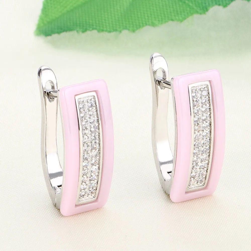 Fashion Ceramic Jewelry Sets For Woman Cubic Zirconia U Shape Russian Earrings Pink Ceramic Rings Statement Bridal Wedding Party