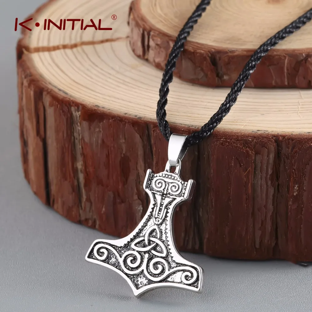 Kinitial Men\'s Vintage Viking Thor\'s Hammer Pendant Jewelry Necklace Irish Celtics Knot Pendant Amulet Symbol Luck Necklace Gift