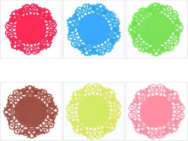 500pcs new Colorful Lace Flower Hollow Design Round Silicone Table Heat Resistant Mat Cup Coffee Coaster Cushion Placemat Pad