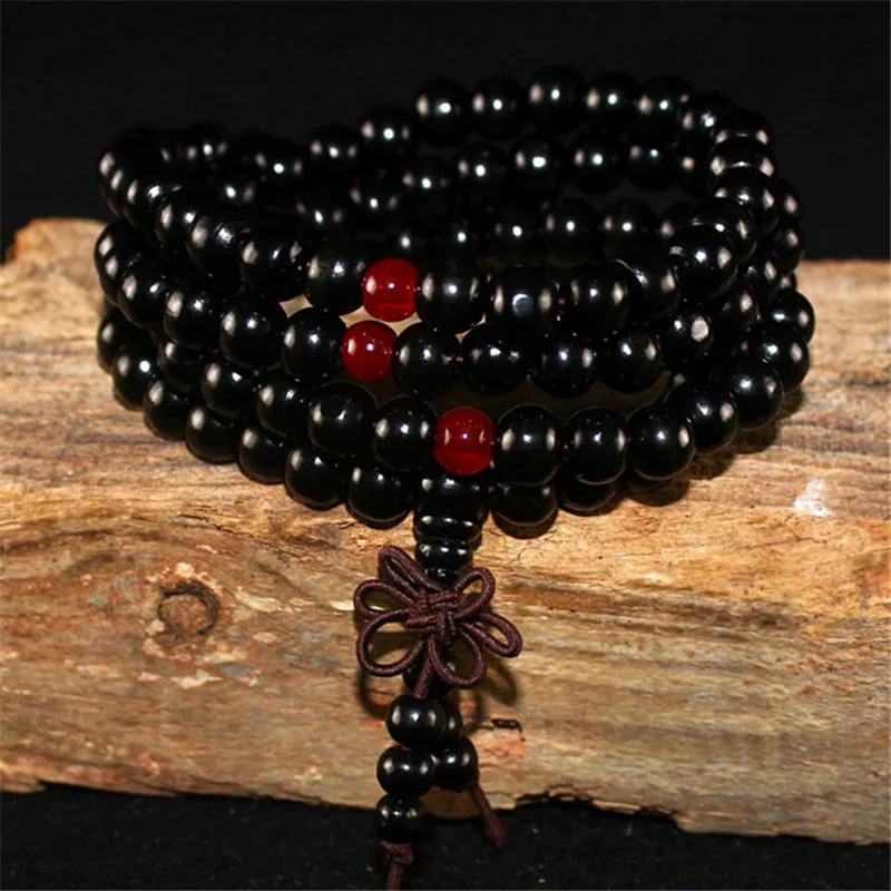 108 Beads 8mm Natural Sandalwood Buddhist Buddha Wood Prayer Beaded Knot Black Ebony Unisex Men Bracelets & Bangles For Women