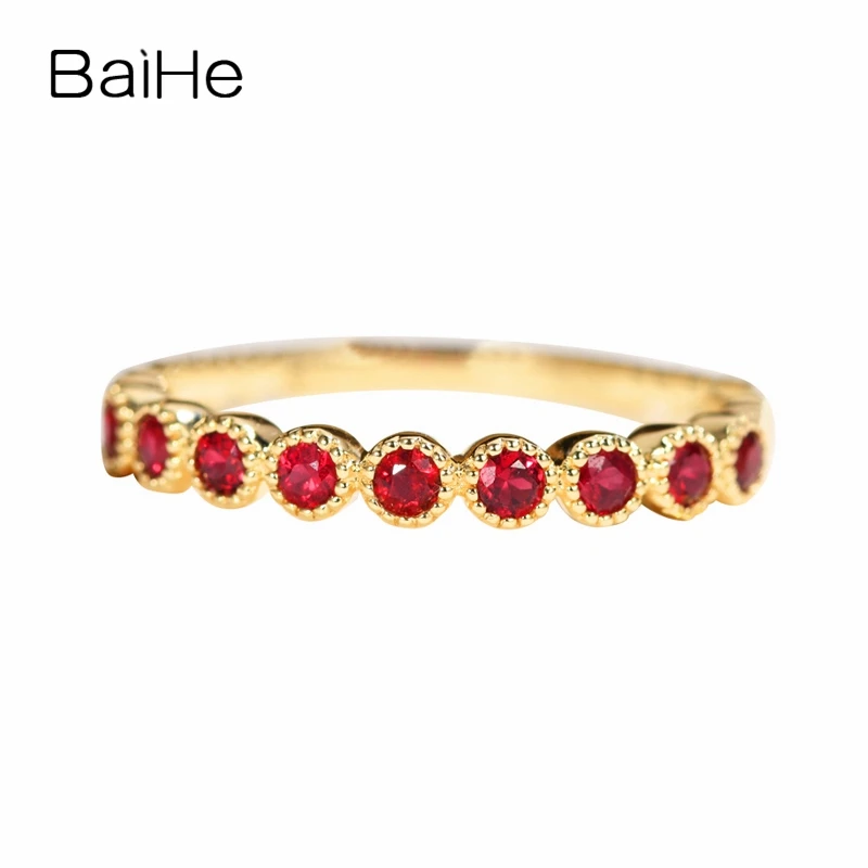 

BAIHE Solid 14K Yellow Gold 0.35ct-0.40ct Round Natural Rubys Wedding Band Women Trendy Fine Jewelry Gift Beautiful Ruby Ring