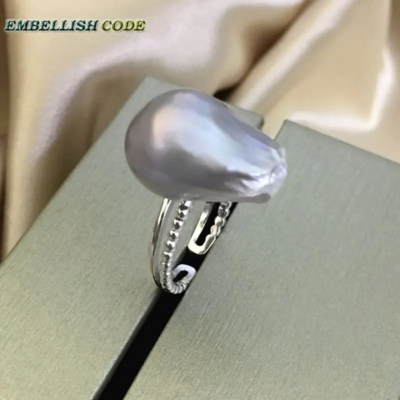 

Adjustable size Resize baroque pearl 925 silver Ring gray Lustrous tissue nucleated flameball for women natural cultured pearls