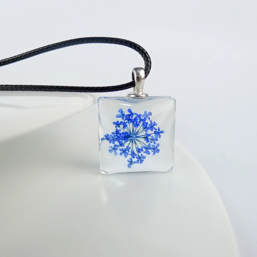 Colorful Dried Flower square glass pendants Hand Made Long necklace for women lovers #FY401