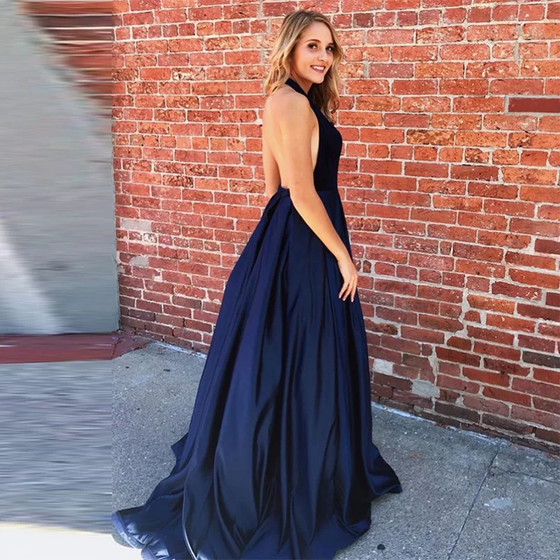 Navy Blue Prom dresses Deep V-neck Halter Open Back Long Dress For Prom Vestido Longo Festa Gala A-line Women Prom Party Dresses