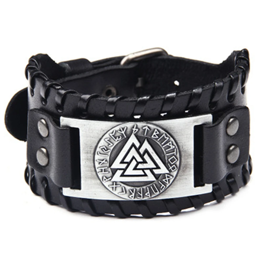 Viking Valknut Symbol Nordic Runes Leather Viking Bracelet Amulet Adjustable Vintage Slavic Norway Men Jewelry Wristband Bangle