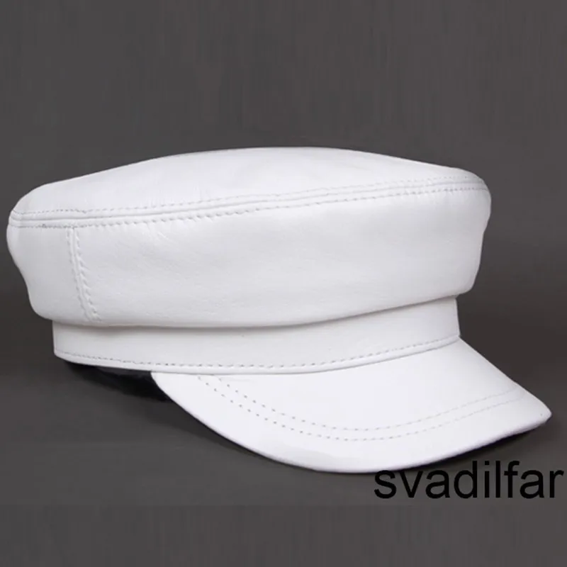 Fashion Real Leather Military Hat Spring Sailor Hat For Women Men Black White Flat Top Female Travel Cadet Cap Captain Cap