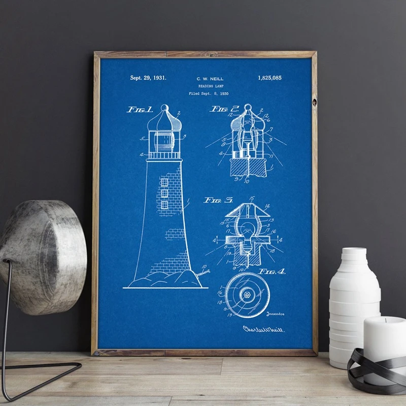 Lighthouse Patent Vintage Blueprint Posters and Prints Wall Art Canvas Painting Sailor Nautical Art Gift Picture Home Wall Decor