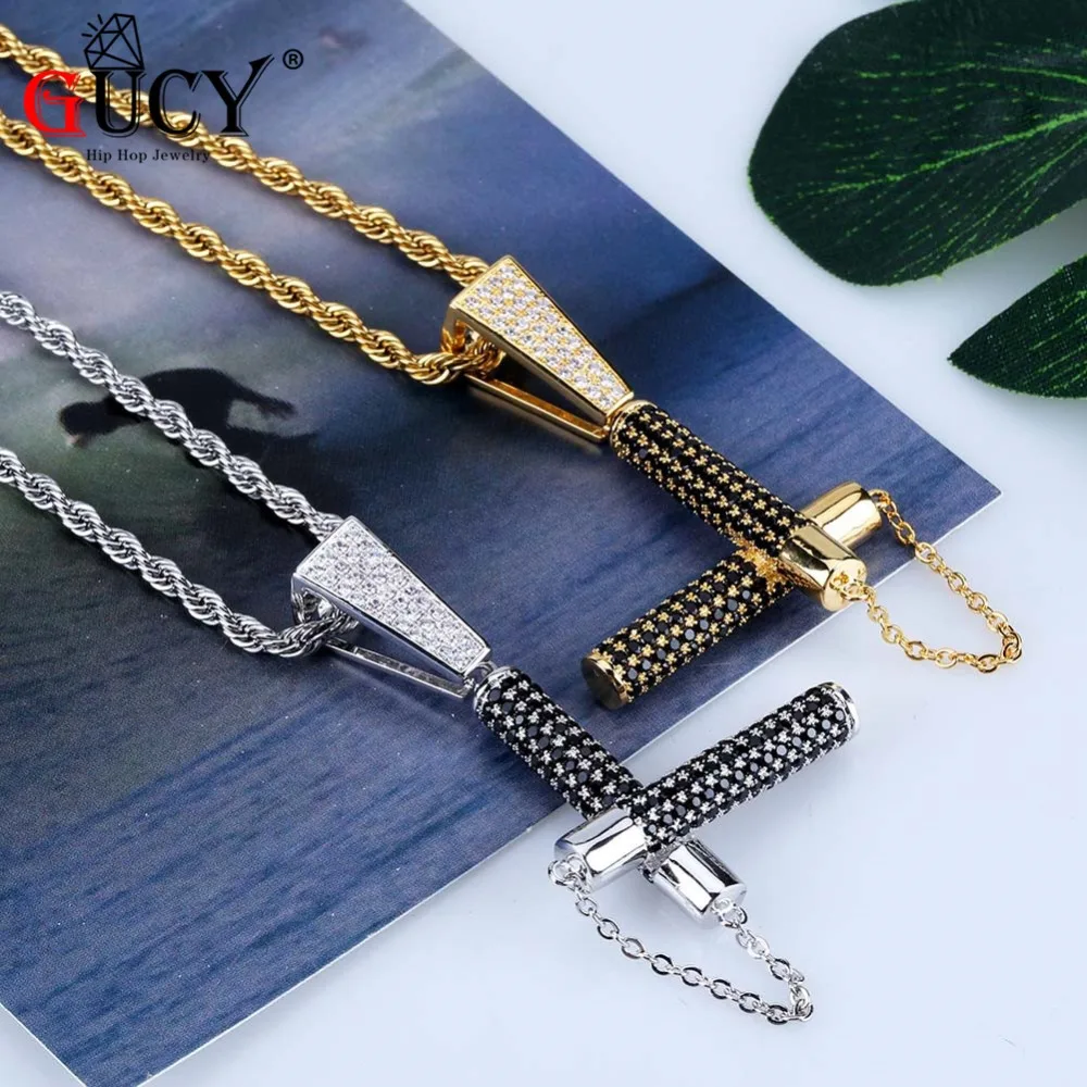 GUCY Hip Hop Nunchaku Pendant Necklace Micro Pave Black Cubic Zircon Stone Personality Necklace For Men