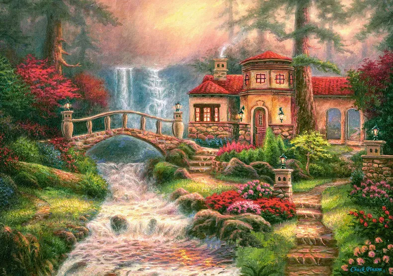 

Needlework,Sierra River Waterfall Forest Hut Scenery 14CT Embroidery,DIY Cross stitch kits,Art Cross-Stitching Home Decor