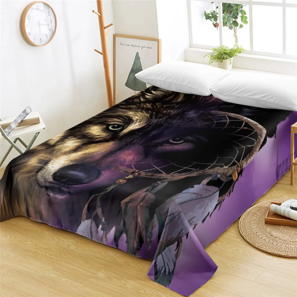 BeddingOutlet Wolf With Dreamcatcher Bed Sheets 3D Printed Flat Sheet Purple Brown Bed Linen Animal Bedspreads Queen 1pc