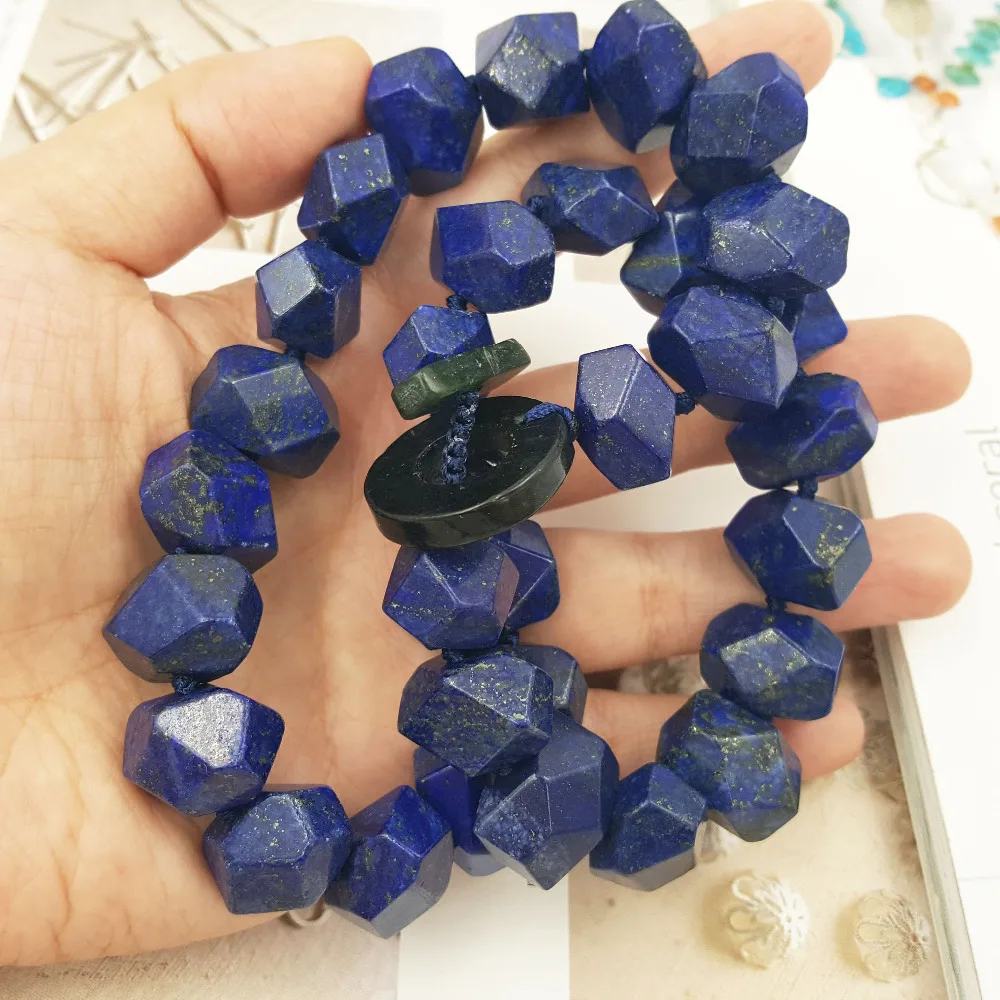 LiiJi Unique Natural Lapis Lazuli Faceted Hand Cut Beads 12x16mm Toggle Clasp Necklace 19\'\'