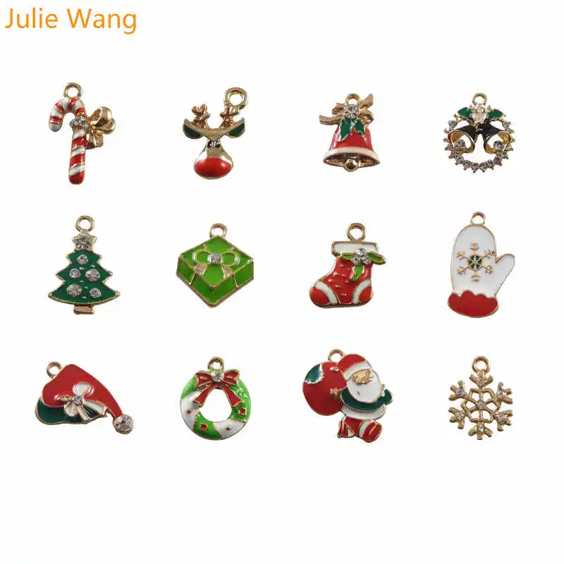 Julie Wang 12pcs Alloy Enamel Santa Claus Christmas Tree Shoe Deer Snowflake Charms Pendant Jewelry Making Christmas Decoration