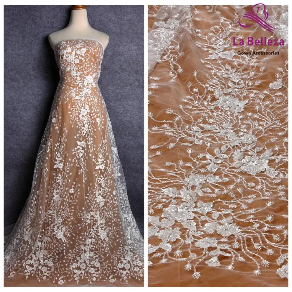 

La Belleza new wedding dress lace fabric off white beaded sequins lace fabric leaves lace 1 yard