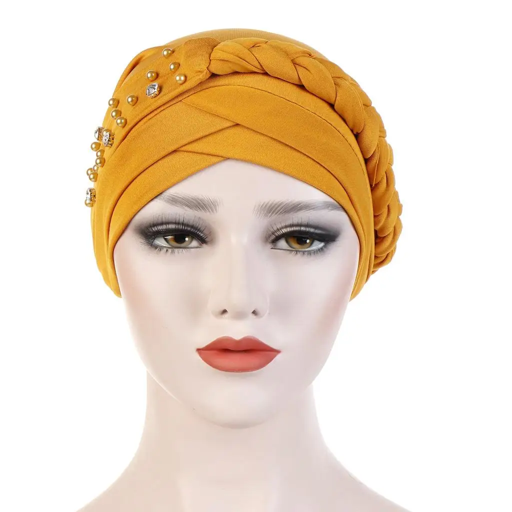 Women Lady Beads Muslim Braid Head Turban Wrap Cover Cancer Chemo Islamic Arab Cap Hat Hair Loss Bonnet Beanies Fashion