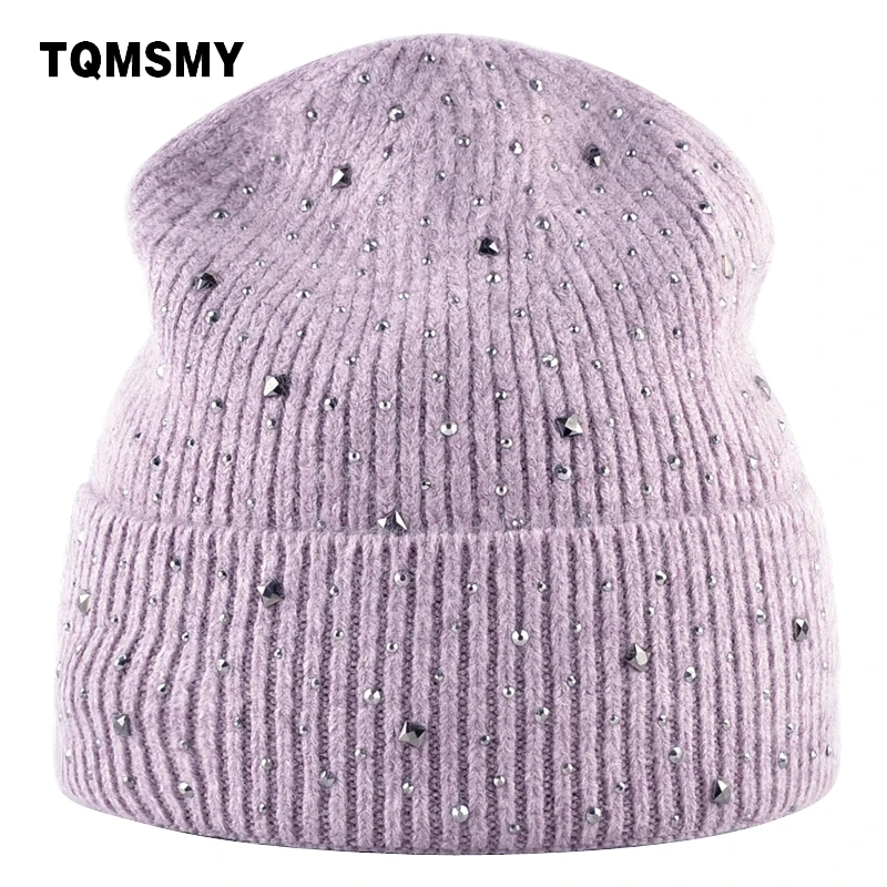 TQMSMY Rhinestone hats lady winter knitted female hat Women Skullies Beanies solid color outdoor velvet double layer hat TMC80