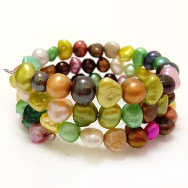 7.5-8 inches 8-9mm Orange Natural Baroque Nugget Pearl Memory Wire Bracelet