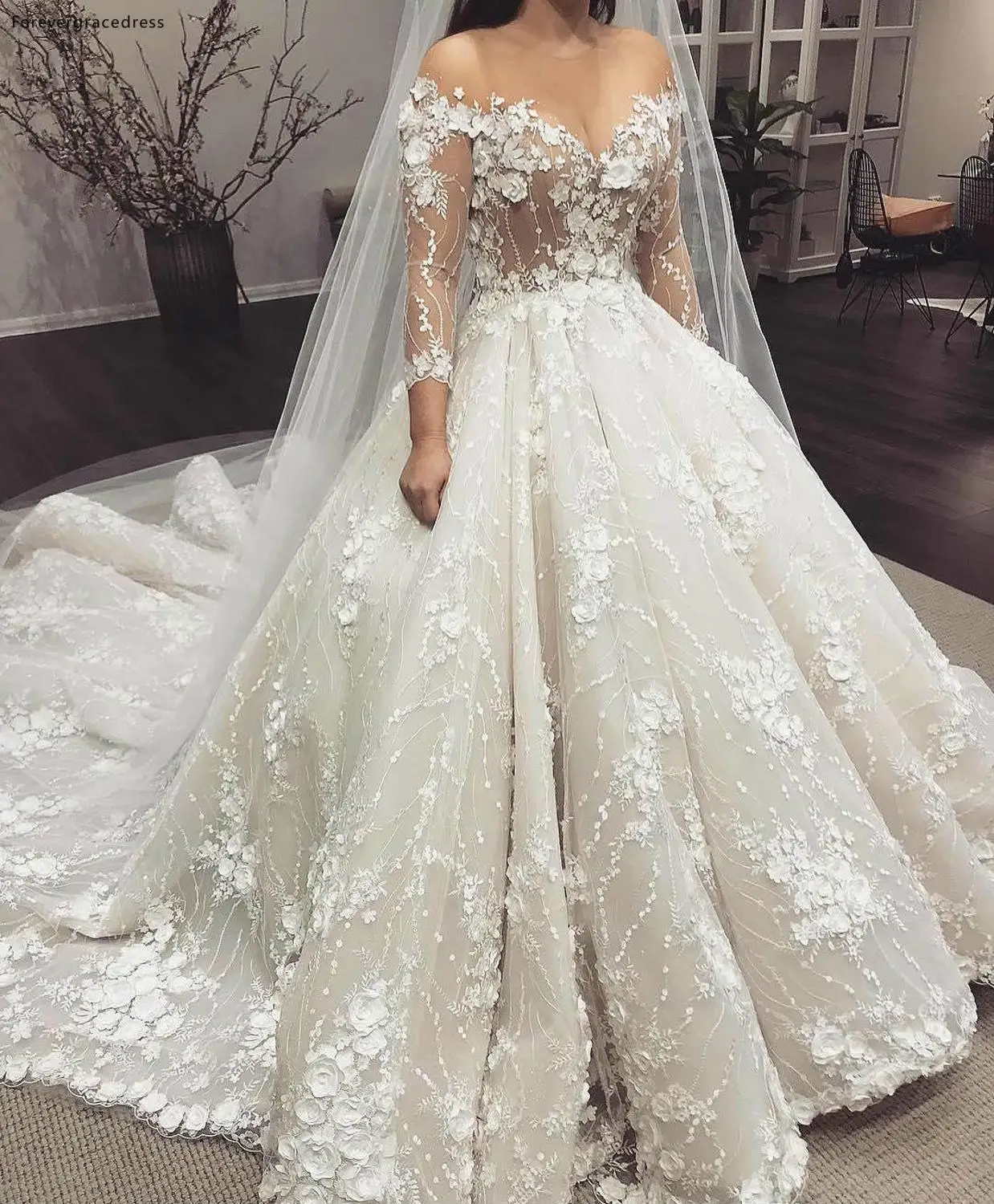 Cheap Long Sleeves Wedding Dress A Line 3D Lace Flowers Appliques Off Shoulders Garden Church Formal Bridal Gown Custom Made