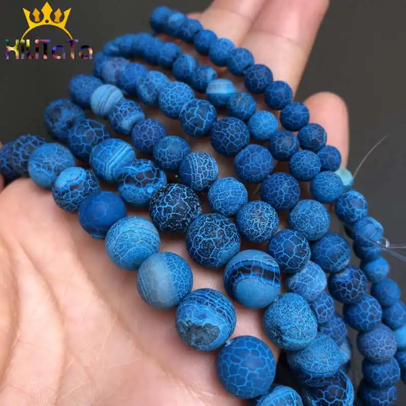 Natural Stone Beads Frost Dark Blue Cracked Dream Fire Dragon Veins Agates Beads For Jewelry Making DIY Bracelet 15‘’ 6/8/10mm view 3