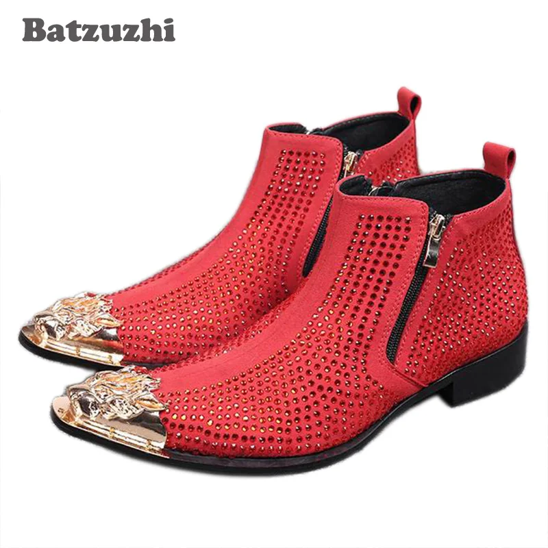 

batzuzhi Luxury Men's Ankle Boot Fashion Rhinestones Leather Short Boots for Men with Metal Pointed Toe Party and Wedding Botas