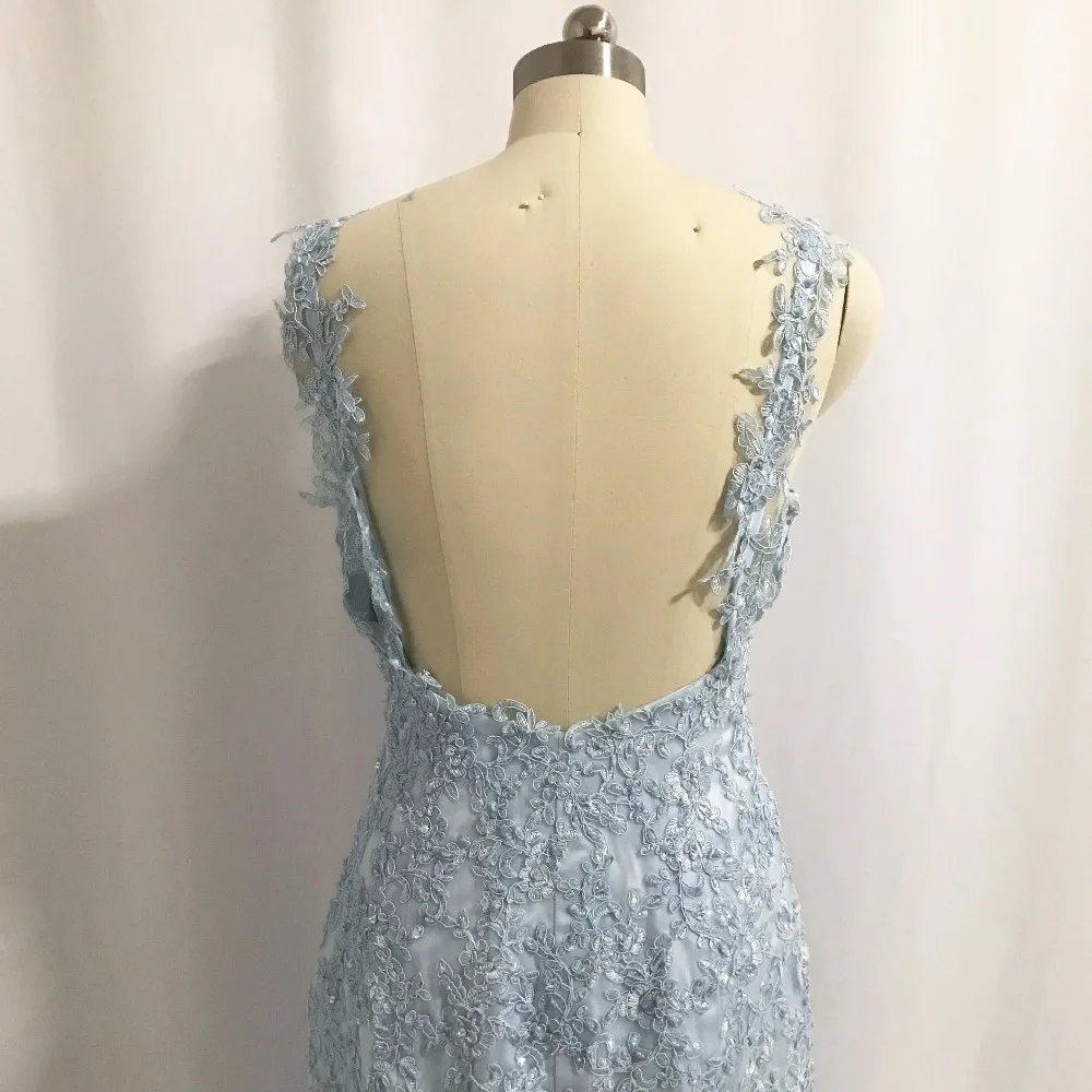 Robe de soirée sirène dos nu perlée, bleu, appliques chérie, robe de créateur éducative