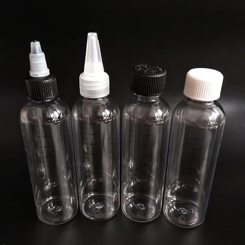 

120ml Graduation Scale Water Refillable Bottle silk screen printing measurement e Liquid PET plastic bottle with Twist Off Caps